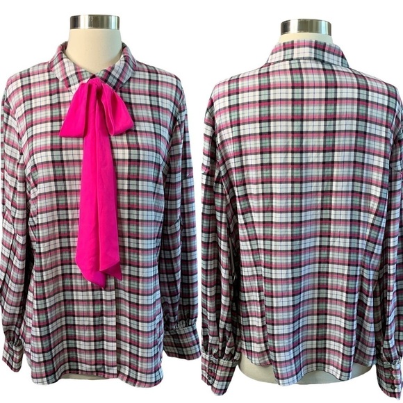 Riley & Rae Lavallière Bow Blended Legacy Pink Plaid Button Up Blouse Large - Picture 11 of 11